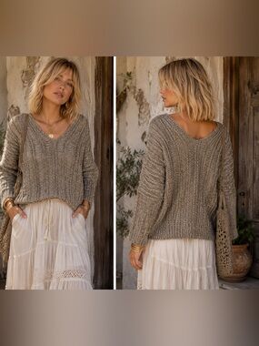 Costa Blanca Poncho Sweater Top Sz L Brown Boat Neck Knit Crochet wool blend